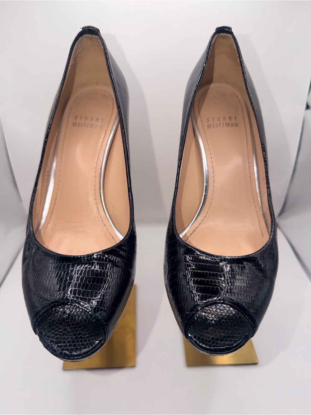 Stuart Weitzman Black Croc-Embossed Peep-Toe Pumps